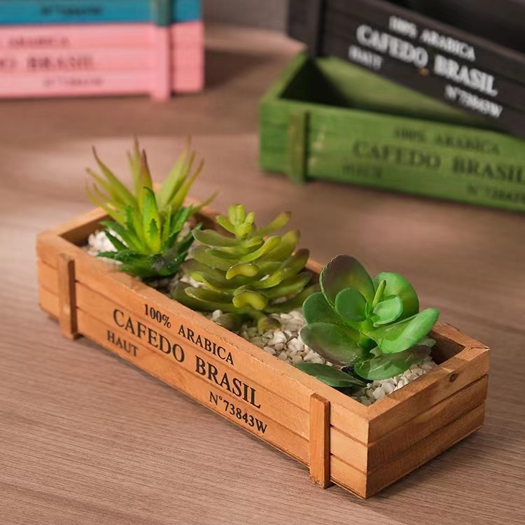 Retro Wood Succulents Zakka Style Succulent Plant Combination Wooden Rectangular Distressed Wooden Box Flowerpot