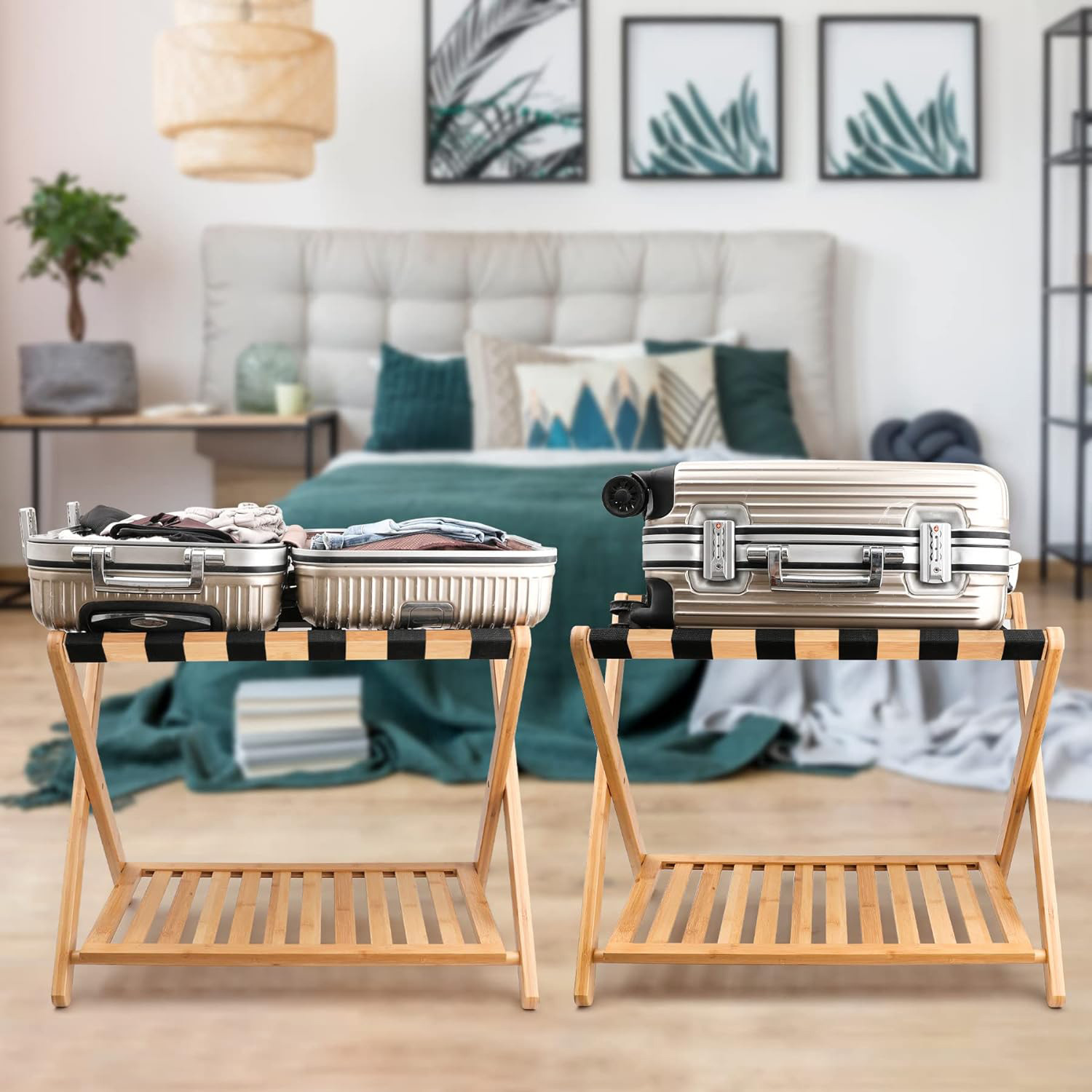 客房落地置物架酒店家具竹木行李架宾馆卧室放行李折叠家用拖鞋架