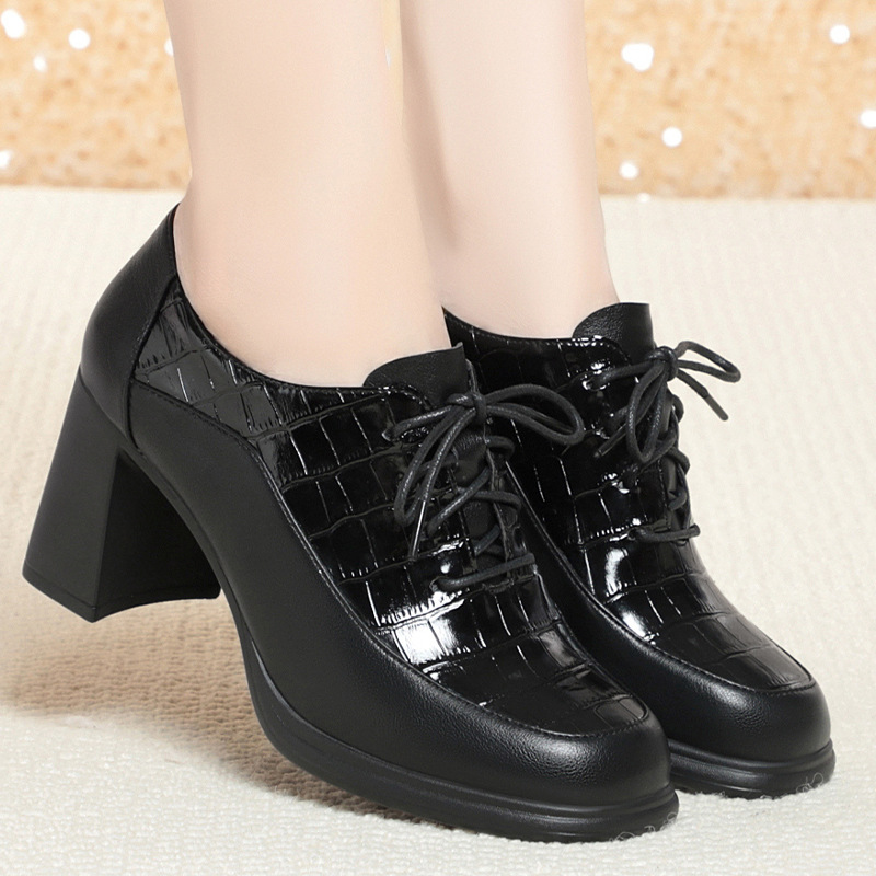 系带皮鞋女秋季新款中年女士皮鞋英伦风粗跟女单鞋软底女鞋高跟鞋