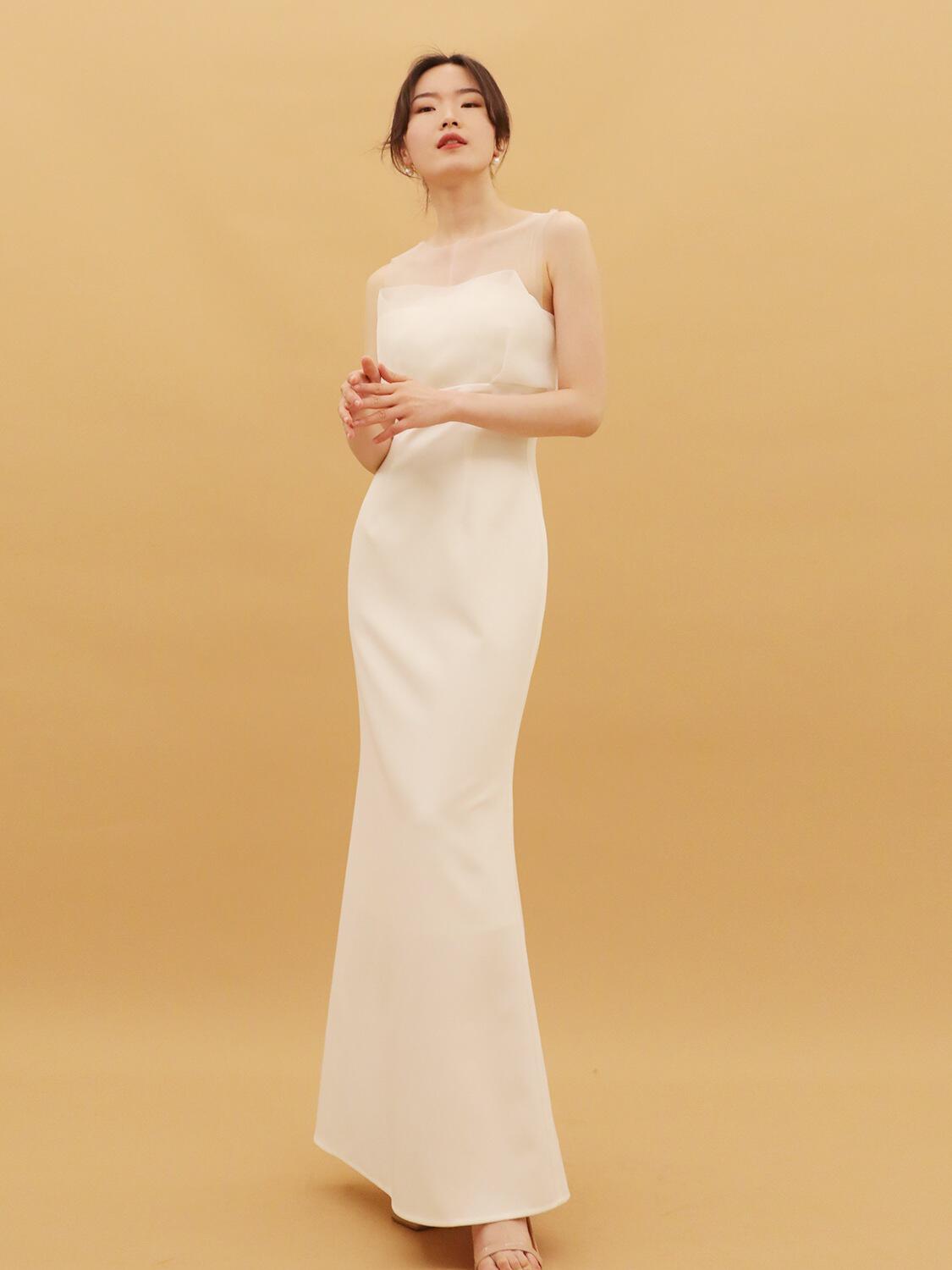 法式轻婚纱 新娘旅拍简约网纱背心鱼尾长裙连衣裙 白色礼服裙