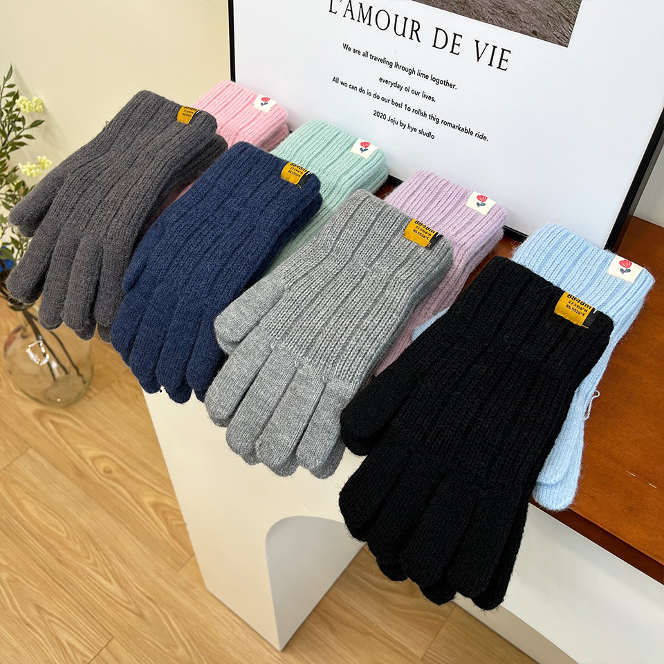 Korean Style Fashionable Knitted Warm Men's Gloves Cold Protection in Winter Thickened Sewed Label Vertical Pattern Open Finger Touch Screen Riding Finger