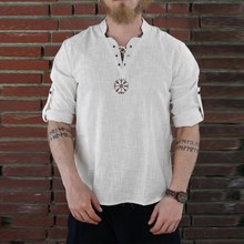 2021亚马逊跨境wish棉麻时尚刺绣长短袖立领衬衫男个性领子衬衫