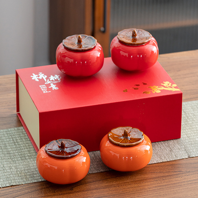 All the Best Persimmon Ceramic Tea Jar Sealed Jar Wedding Activity Candy Jar Gift Gift Box with Hand Small Gift