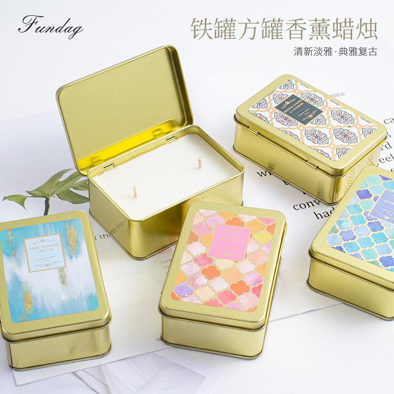 Aromatherapy Indoor Retro Handmade Soy Wax Square Cans Candle Fangdi Indoor Smoke-Free Refreshing Fragrance Candle Wholesale