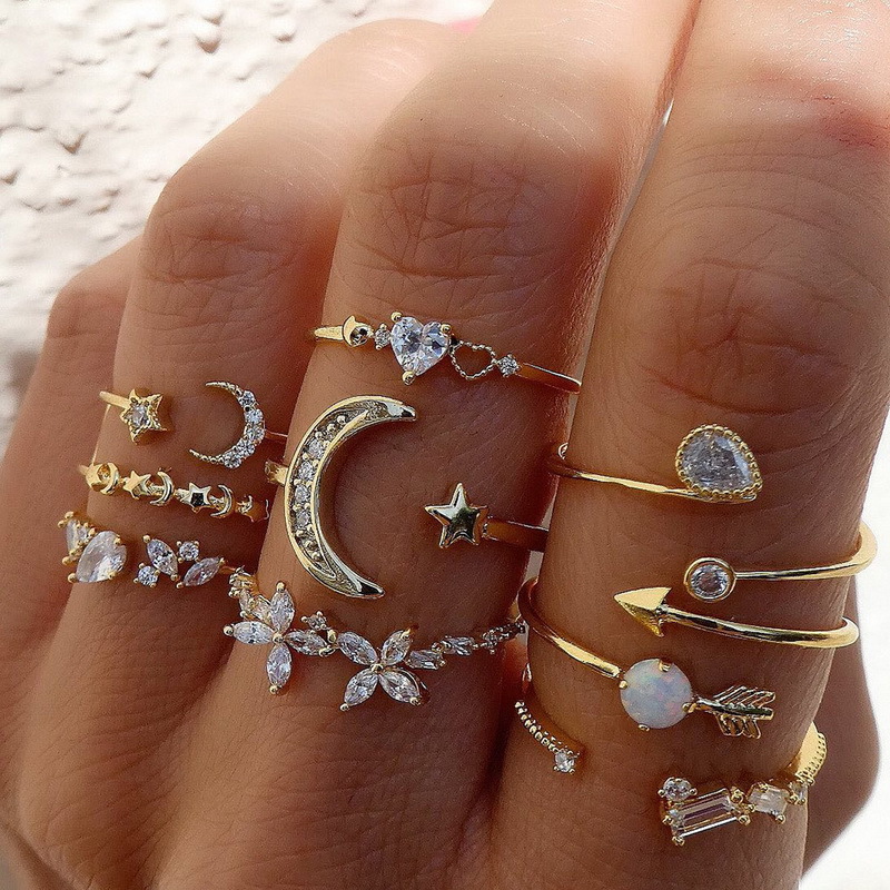 Europe and America Cross Border New Set Rings Personality 9 Pieces Love Butterfly Star Moon Diamond Combination Set Rings Female