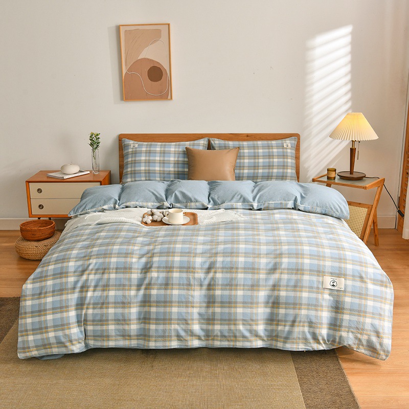 Cotton Yarn-Dyed Washed Cotton Four-Piece Set 100 Pure Cotton Bed Sheet Duvet Cover Plaid Three-Piece Set Four Seasons Universal Summer Wholesale 4