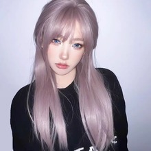 假发女长发全头套粉色自然灰紫色空气刘海长直发奶茶紫灰色假发套