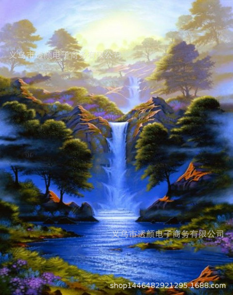 厂家直销批发5d圆钻满钻手工贴钻画流水山水画风景外贸瀑布钻石画
