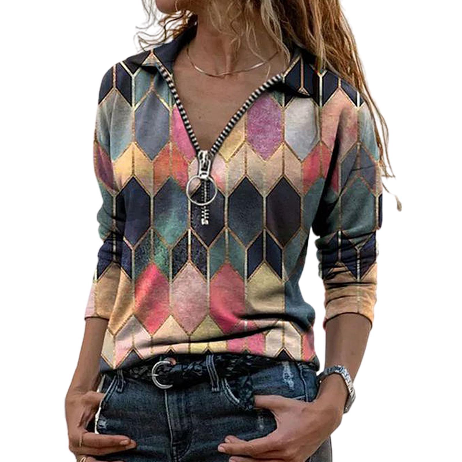 women retro long sleeve zipper v neck t-shirt print blouse
