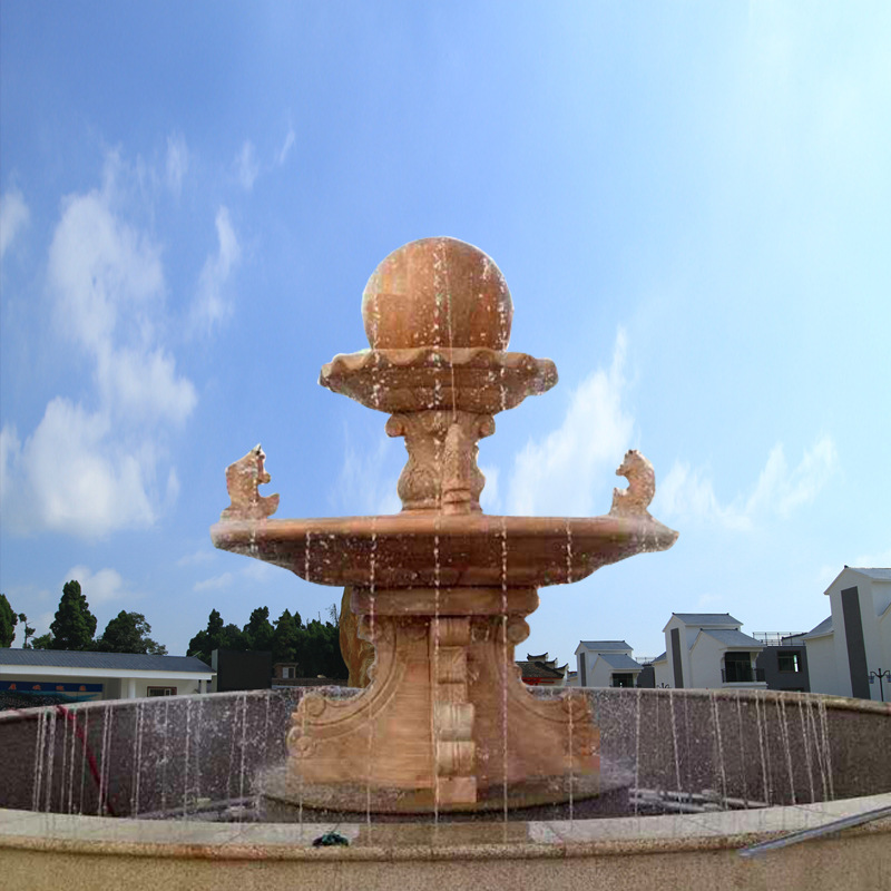石雕喷泉景观黄金麻水钵晚霞红石水球水景户外酒店摆件
