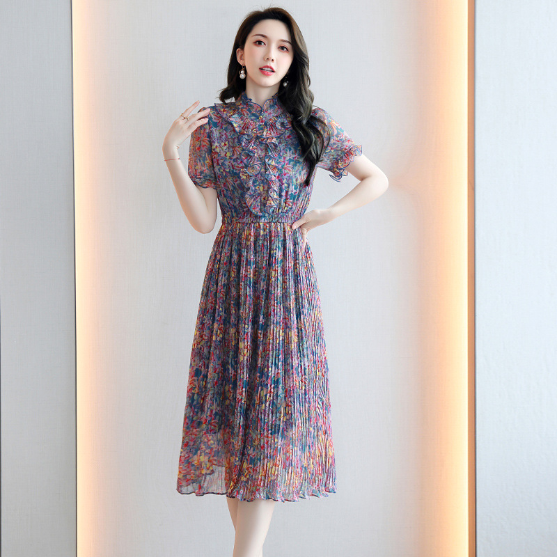 华哥弟情连衣裙女夏装v领正品牌气质碎花中年妈妈真丝雪纺裙子