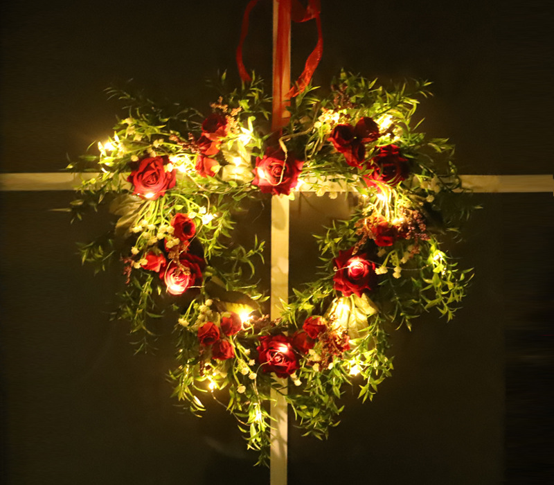 爱心仿真玫瑰花发光人造植物 新款玫瑰花绿植装饰情人节花环批发