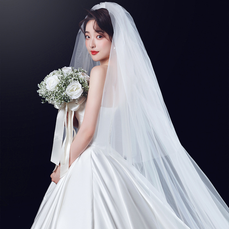 新款头纱新娘主婚纱白色长款香槟色拖尾头饰超仙森系结婚拍照蓬蓬