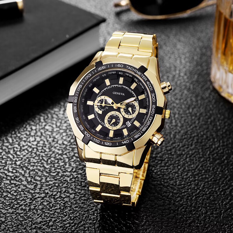 Foreign Trade Popular Style Business Leisure Men's Steel Strap Watch Geneva Fake Three Eyes and Six Needles Large Plate Calendar Quartz Watch