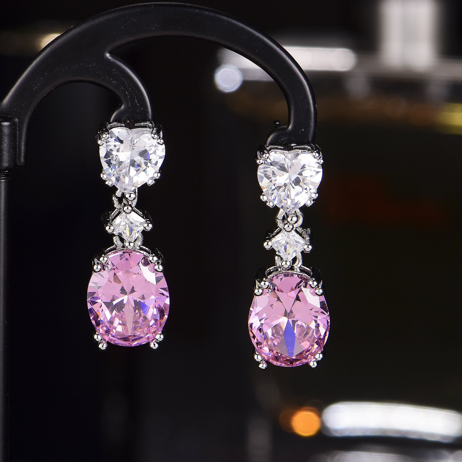 新品精致轻奢款闪钻粉色黄色白色锆石耳坠女 时尚彩宝耳钉耳饰品