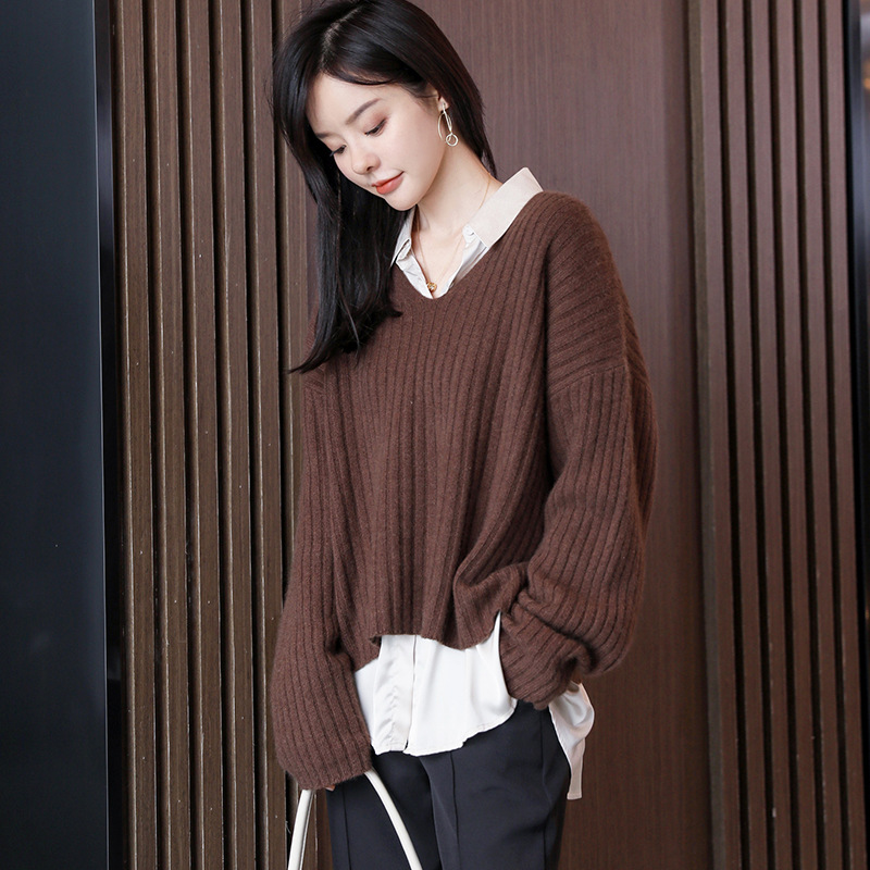 配衬衫鸡心v领毛衣女秋冬2020新款小个子打底衫短款百搭宽松慵懒