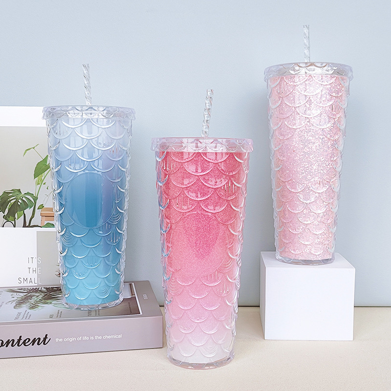 cross-border 710ml scale cup barbie cup double-layer cup with straw large capacity durian cup mermaid plastic cup wholesale