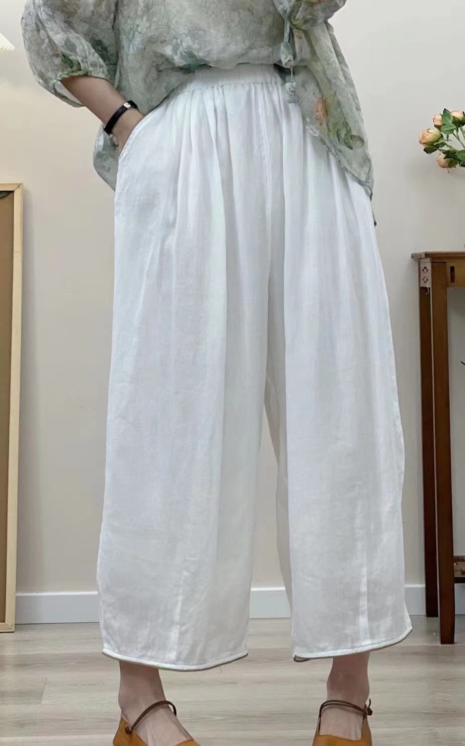 2023夏新精细100支苎麻清凉休闲双层撞色条宽筒裤子灯笼裤女-阿里巴巴