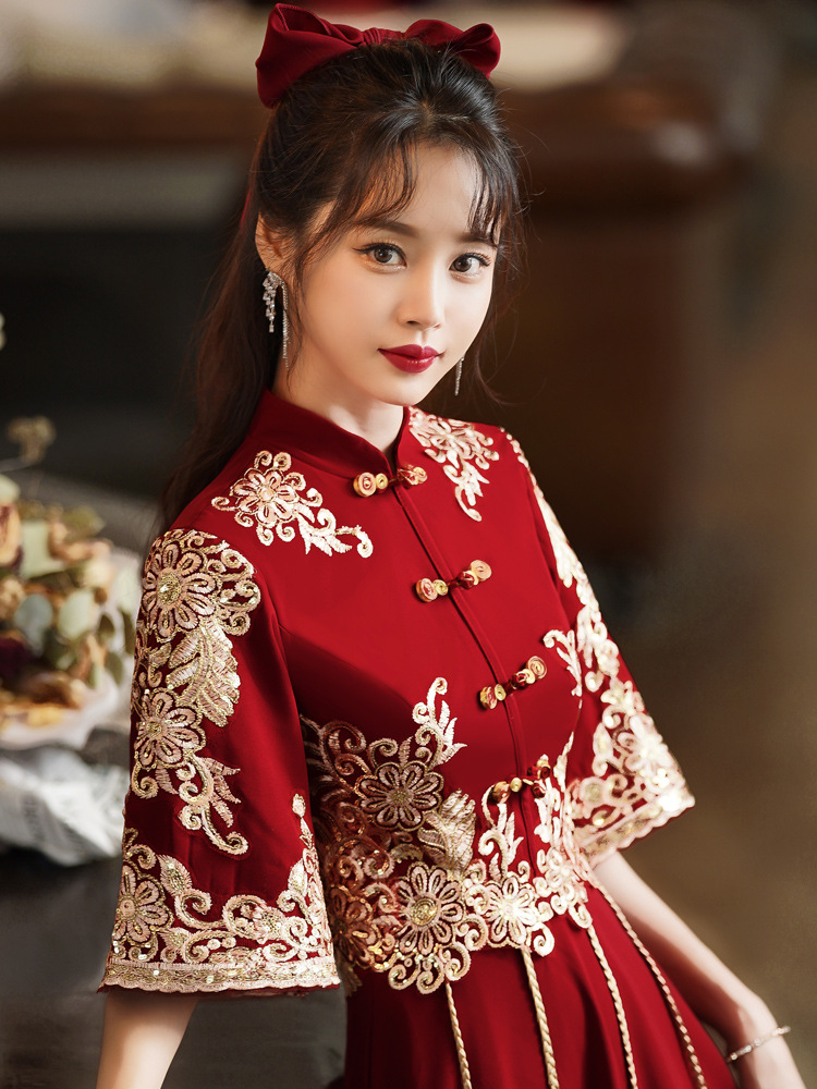 敬酒服新娘旗袍春秋结婚订婚回门礼服女中式秀禾服酒红色长款显瘦