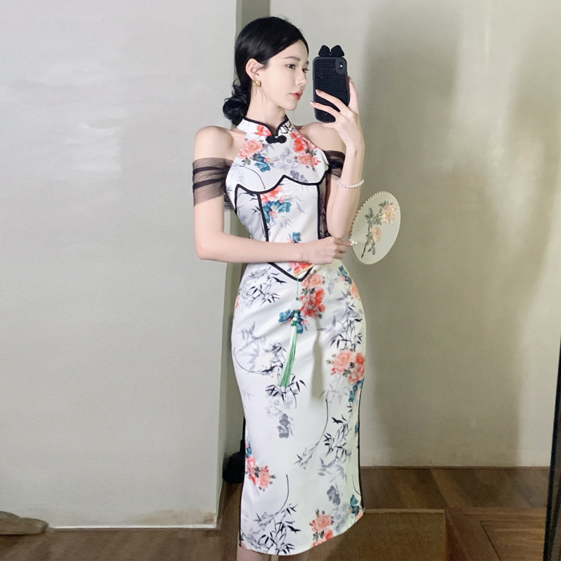 322欧美东南亚外贸批发2024女装复古优雅网纱拼接改良旗袍连衣裙