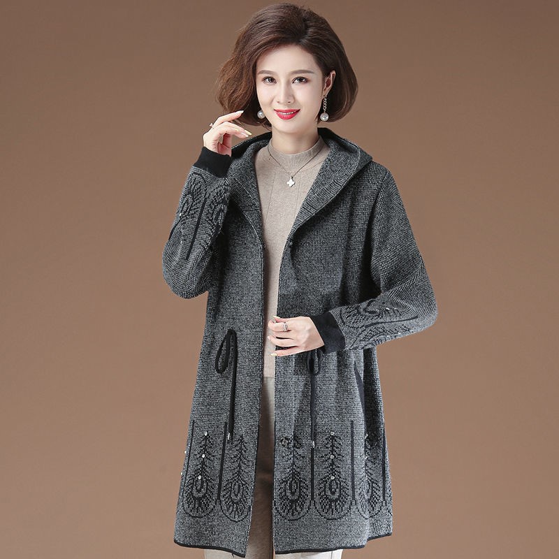 妈妈秋冬装新款中长款阔太太风衣中老年长款连帽外套女士羊毛大衣
