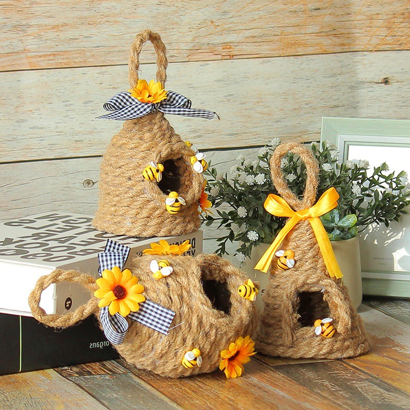 2022新款向日葵圆形蜂窝挂饰 蜜蜂节编织麻绳工艺阳台挂圈吊饰