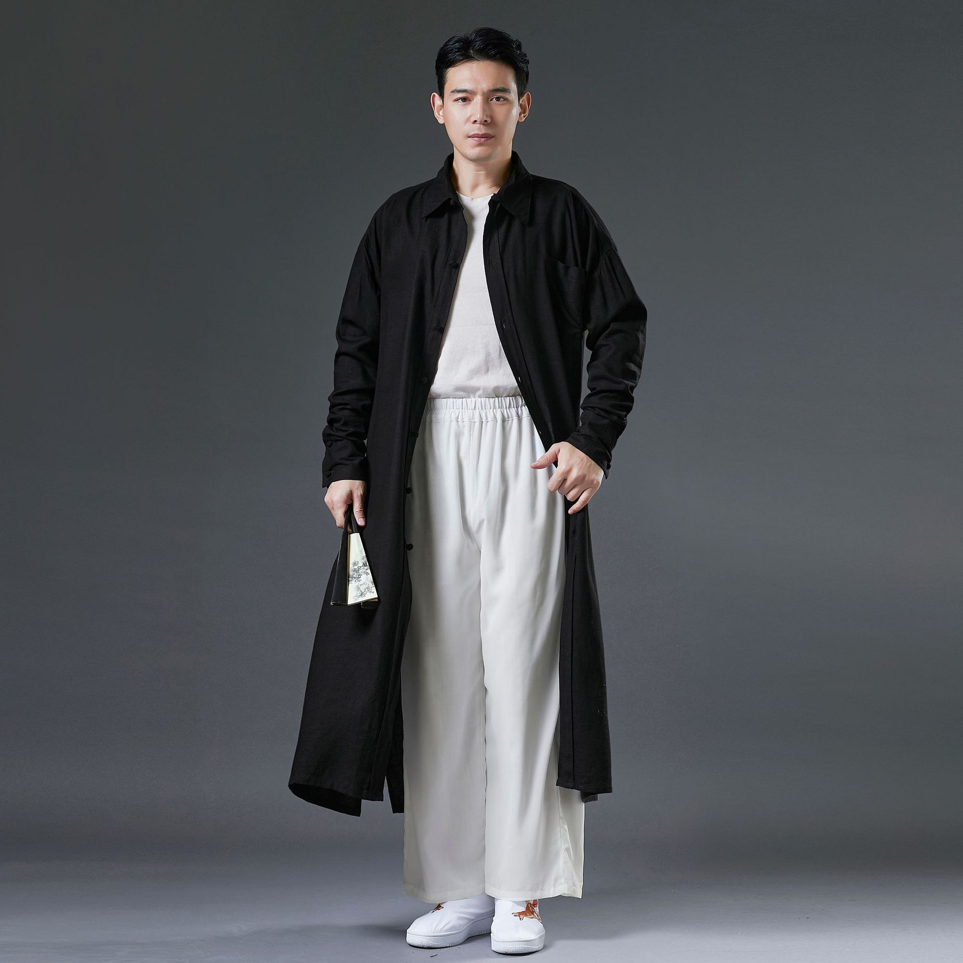 2021春季男装方领长款复古中国风民族休闲长袖开衫国风休闲个性