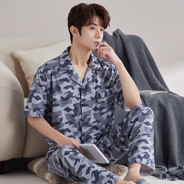 男士睡衣夏季仿棉短袖长裤两件套装夏天薄款宽松大码家居服