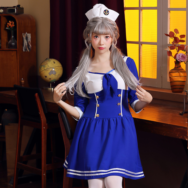 万圣节服装 水手cosplay服 日系深蓝色海军角色扮演服 制服女套装