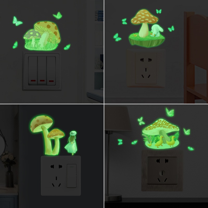 新款卡通夜光贴纸发光房间装饰贴可爱手绘蘑菇开关墙贴画荧光蝴蝶