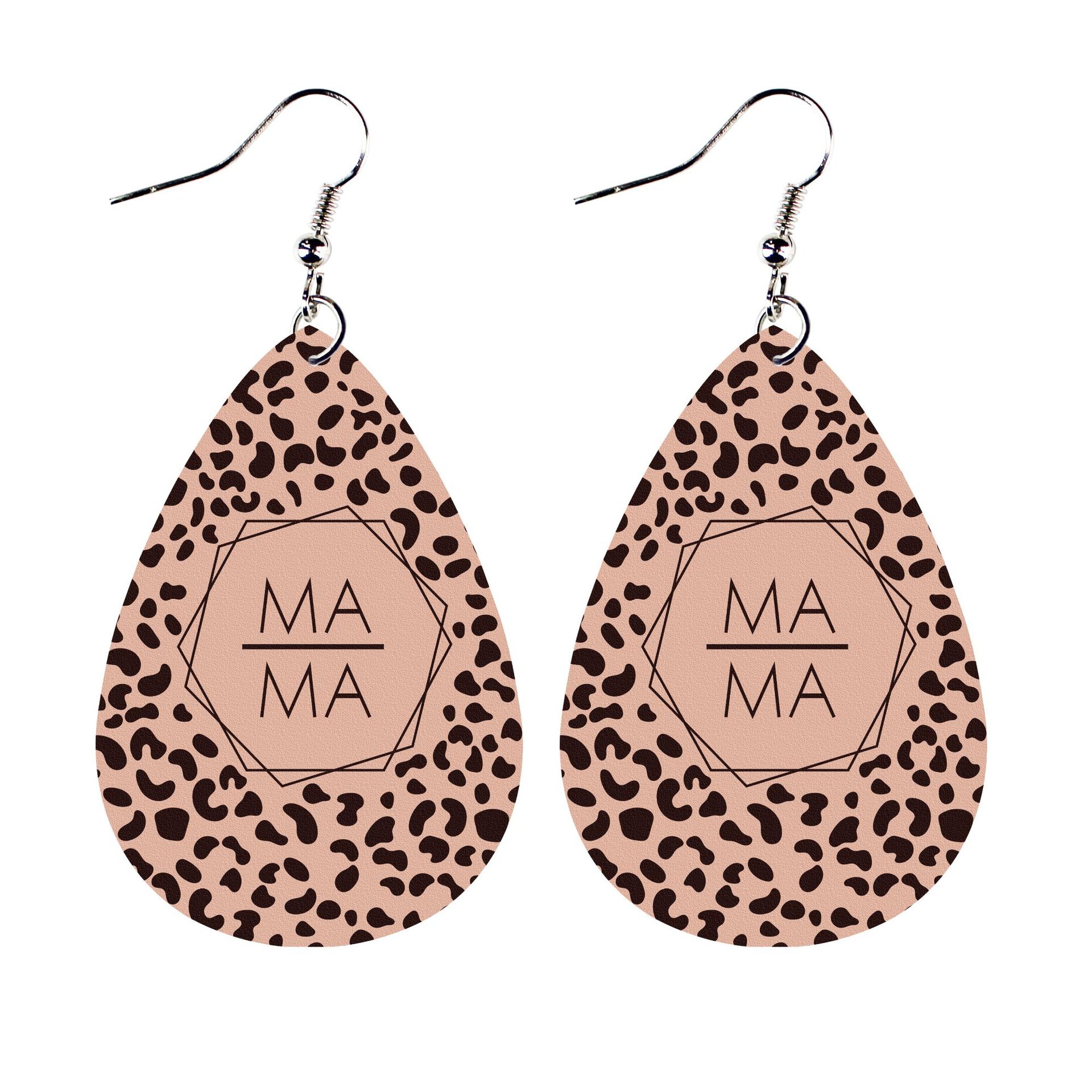 Mother's Day Women's Drop-Shaped Leopard Leather Earrings Earrings English Letters Fashion Cross-Border European and American Amazon