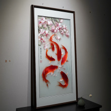 湘绣成品挂画锦鲤客厅玄关装饰画鱼戏琼花纯手工苏绣中国风刺绣画