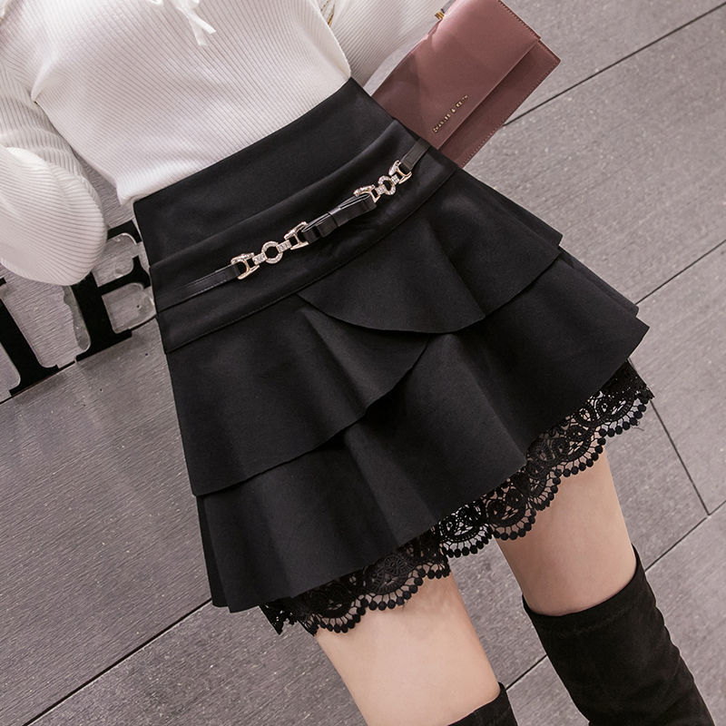 韩版秋冬高腰短裙女防走光半身裙超短a字蓬蓬裙蛋糕裙蕾丝打底裙