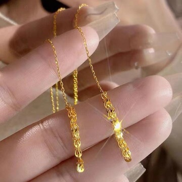 正品18k金凤尾耳线精致时尚百搭长款流苏au750彩金肖邦链麦穗耳环