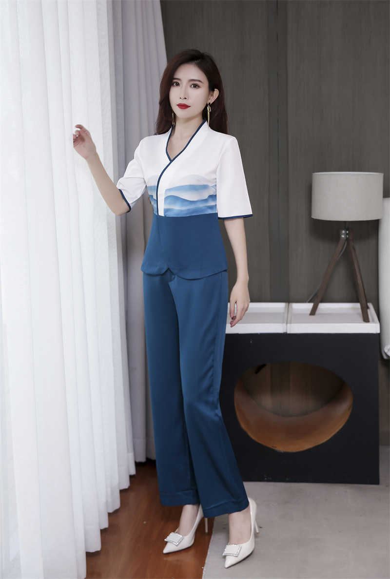 足疗店2021年新款工服养生美容师夏季薄款足浴技师工作服高端气质