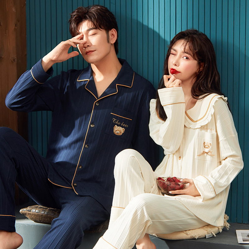 Spring and Autumn Couple Pajamas Cotton Long-Sleeved Outerwear Men's and Women's Cute Large Size Women's Autumn and Winter Homewear Korean Style