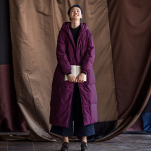 冬季新品复古中国风女装 加厚白鹅绒中长款连帽盘扣文艺羽绒服女