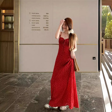 2024新款夏季韩版红色碎花吊带裙法式度假显瘦气质长连衣裙女