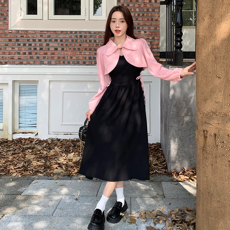 秋冬装微胖妹妹MM收腰显瘦大码女装小外套背心吊带两件套连衣裙子