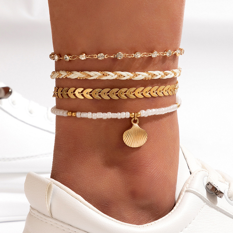 Europe and America Cross Border Ornament Rice-Shaped Beads Stringed Beads Braid Rope Shell Four-Layer Anklet Geometric Diamond Leaf Multi-Layer Foot Ornaments Suit