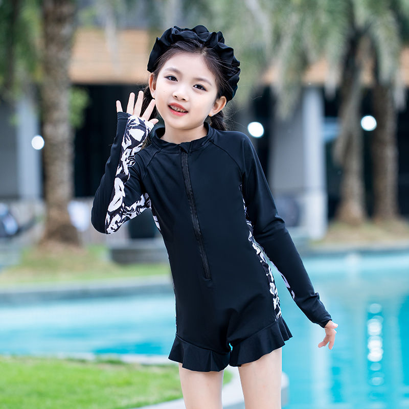 夏装游泳衣儿童泳衣小女生童装新款2024连体花边长袖防晒-阿里巴巴