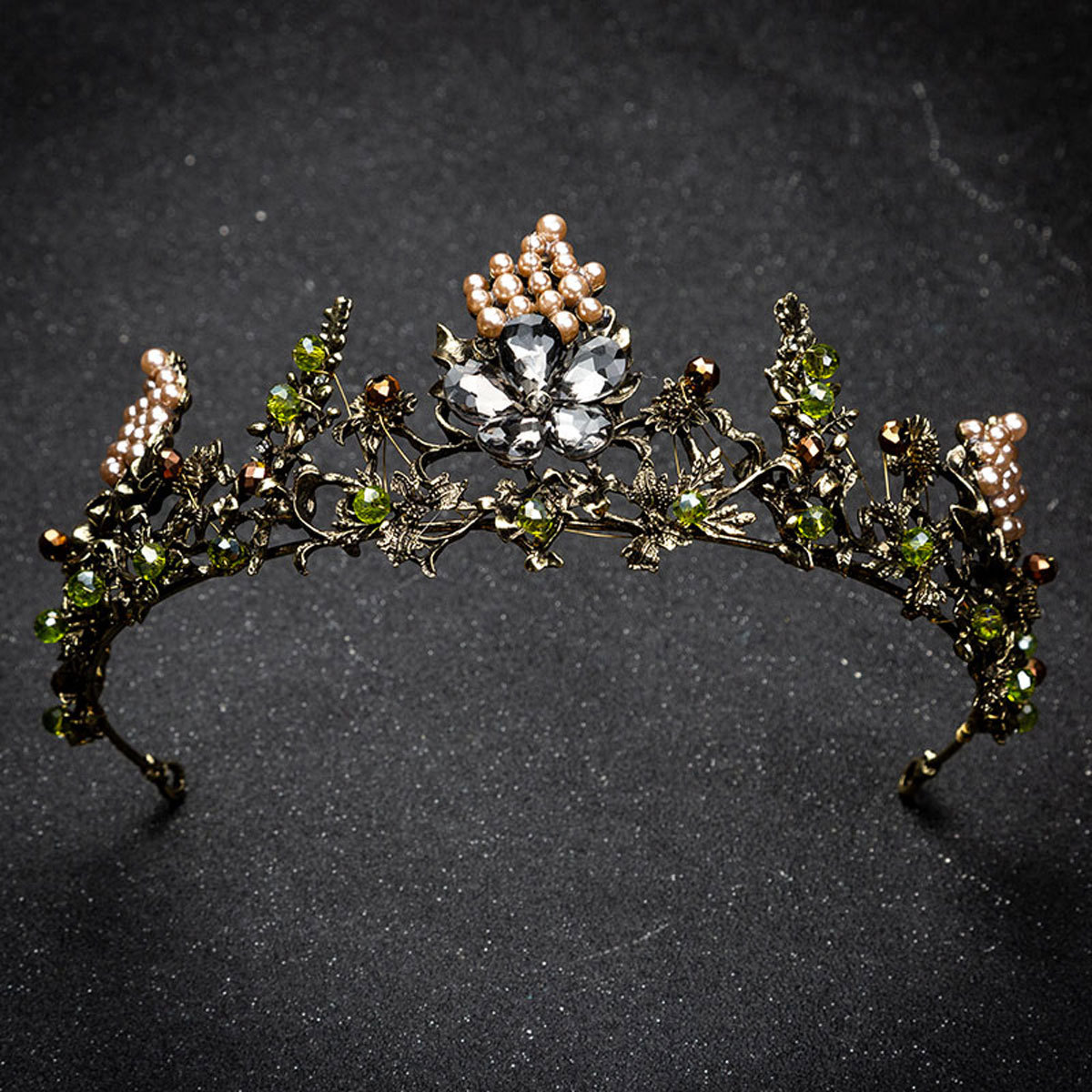 欧美复古风珍珠皇冠黑水晶花朵王冠新娘结婚发饰晚会头饰礼服头箍