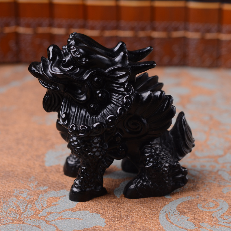 批发天然黑曜石麒麟摆件精工雕刻黑曜石家居风水饰品镇宅保平安