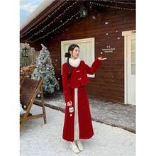 新中式国风套装女冬季新年红色夹棉加厚毛呢外套马面半身裙两件套