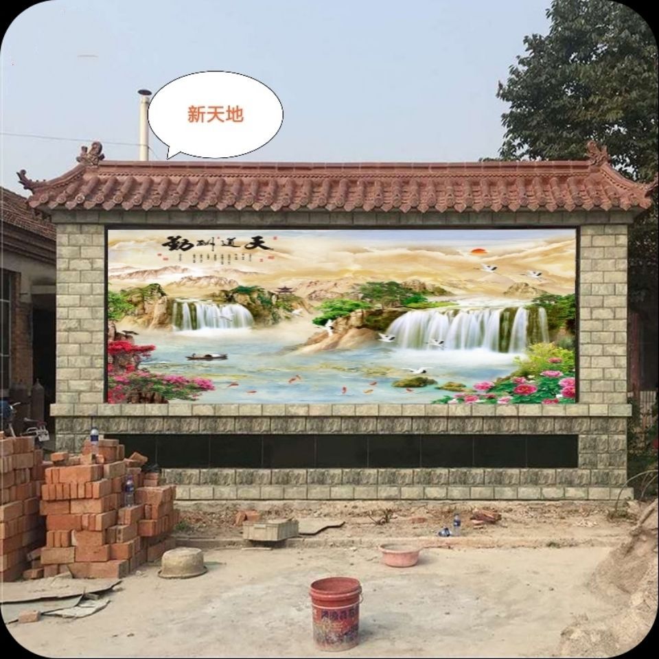 户外背景墙瓷砖农村壁画微晶石外墙3d山水画迎门墙画瓷砖画风景画