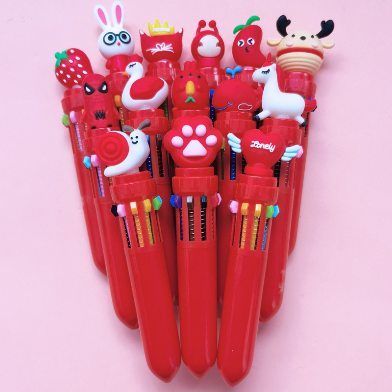 Creative Stationery Ten-Color Ballpoint Pen Girl Heart Cartoon Multi-Color Push Pen Student Journal Graffiti Marker Pen Wholesale