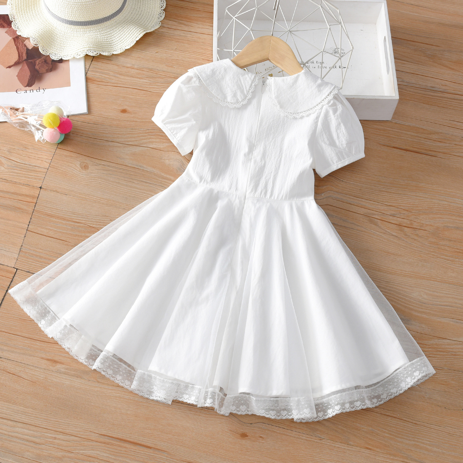 儿童短袖白裙子2023新款女童连衣裙夏装蕾丝中大童公主超仙纱裙夏