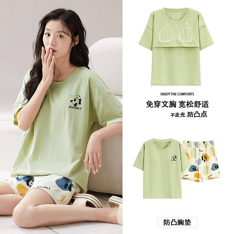 Summer New Padded Pajamas Women's Summer Cartoon Cute Cotton Ladies' Homewear Sweet Two-Piece Set Pack without Printing