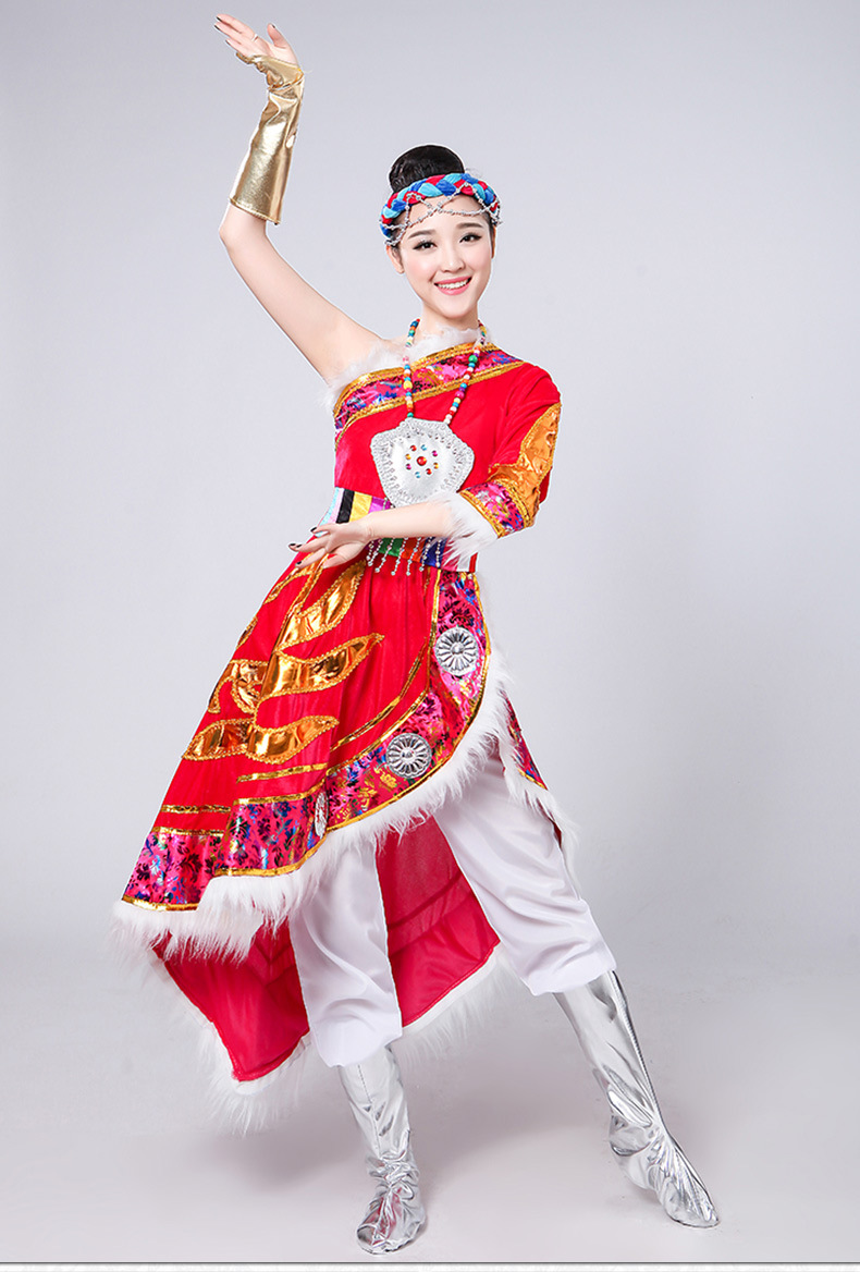 藏族蒙古演出服长裙斜肩藏袍广场舞少数民族藏服扎西德勒舞蹈服装