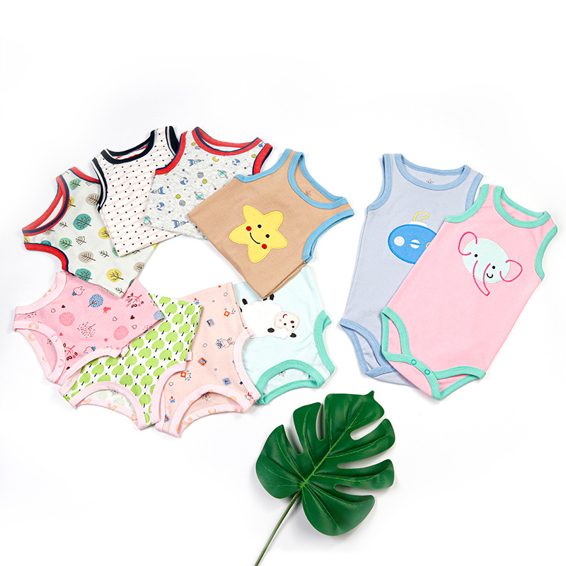 2022 Summer 5-Piece Suit Infant Toddler Romper Foreign Trade Manufacturer Summer Exercise Sleeveless Vest T-shirt Men and Women Onesie